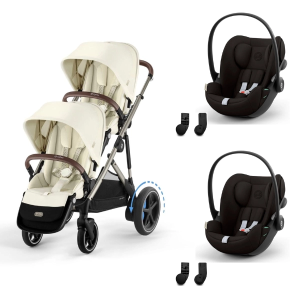 Poussette Double Cybex eGazelle S TPE - Seashell Beige + 2 Coques Auto Cloud G i-Size - Magic Black