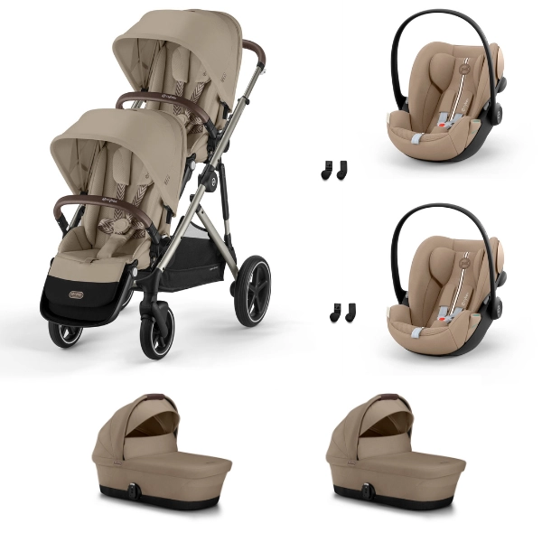 Poussette Double Cybex Gazelle S2 TPE - Almond Beige + 2 Nacelles Gazelle Cot + 2 Coques Autos Cloud G i-Size - Almond Beige (Plus)