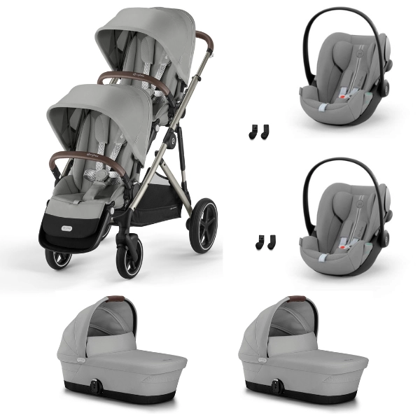 Poussette Double Cybex Gazelle S2 SLV - Stone Grey + 2 Nacelles Gazelle Cot + 2 Coques Autos Cloud G i-Size - Stone Grey (Plus)