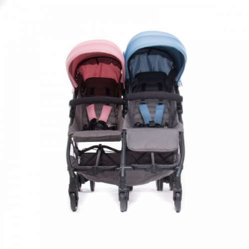 Poussette Double Baby Monsters Kuki Twin - Châssis Noir / Canopys Rose et Bleu