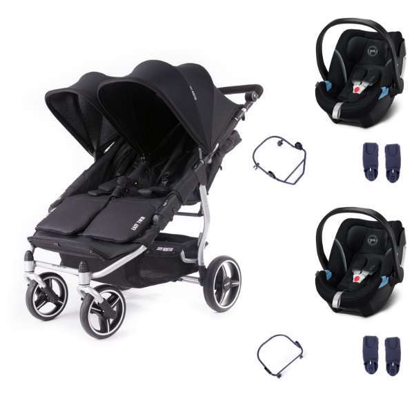 Poussette Double Baby Monsters Easy Twin 3S Light - Châssis Silver/ Canopys Noirs + 2 Coques Cybex Aton 5