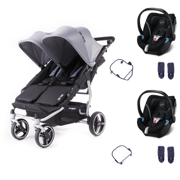 Poussette Double Baby Monsters Easy Twin 3S Light - Châssis Silver/ Canopys Heather Grey + 2 Coques Cybex Aton 5