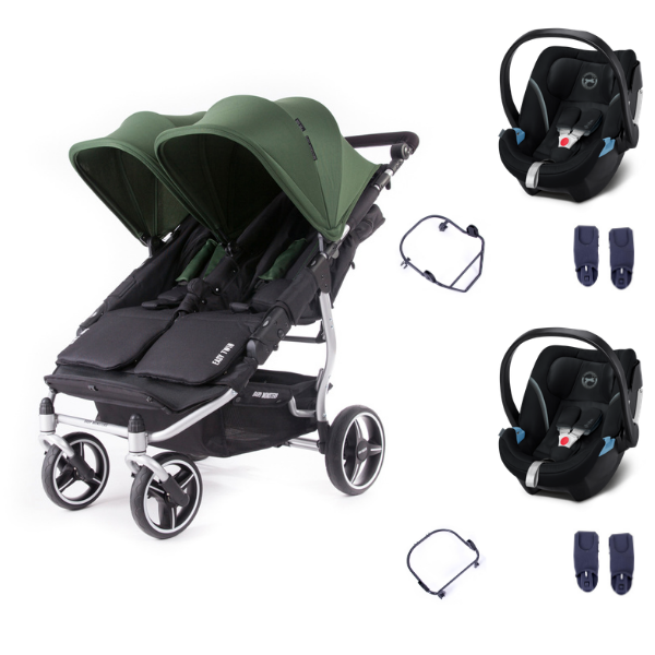 Poussette Double Baby Monsters Easy Twin 3S Light - Châssis Silver/ Canopys Forest + 2 Coques Cybex Aton 5