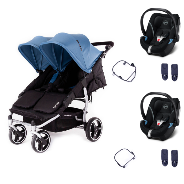 Poussette Double Baby Monsters Easy Twin 3S Light - Châssis Silver/ Canopys Atlantic + 2 Coques Cybex Aton 5