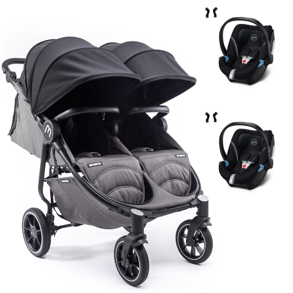 Poussette Double Baby Monsters Easy Twin 4 - Châssis Noir/ Canopys Noir + 2 Coques Cybex Aton 5