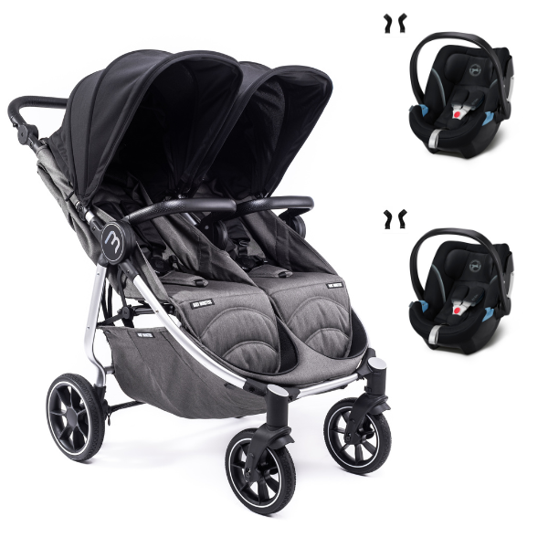 Poussette Double Baby Monsters Easy Twin 4 - Châssis Silver/ Canopys Noir + 2 Coques Cybex Aton 5