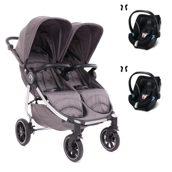 Poussette Double Baby Monsters Easy Twin 4 - Châssis Silver/ Canopys Texas + 2 Coques Cybex Aton 5