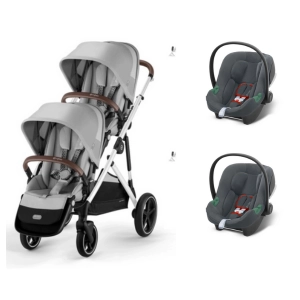 Poussette Double Cybex Gazelle S2 SLV - Stone Grey + Coques Auto Aton B2 - Steel Grey + 2 Bases Offertes