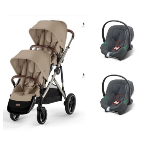 Poussette Double Cybex Gazelle S2 TPE - Almond Beige + Coques Auto Aton B2 - Steel Grey + 2 Bases Offertes