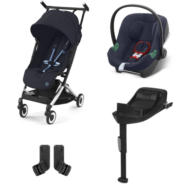 Poussette Cybex Libelle - Châssis Silver/ Dark Navy Blue (2024) + Coque Cybex Aton B2 i-Size - Bay Blue + Base One