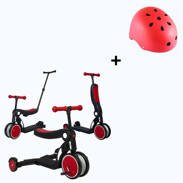 Scootizz, draisienne évolutive 5 en 1 Looping avec barre de poussée + Casque Enfant - Rouge