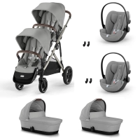 Poussette Double Cybex Gazelle S2 SLV - Stone Grey + 2 Nacelles Gazelle Cot + 2 Coques Autos Cloud G i-Size - Stone Grey (Plus)