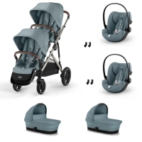 Poussette Double Cybex Gazelle S2 BLK - Stormy Blue + 2 Nacelles Gazelle Cot + 2 Coques Autos Cloud G i-Size - Stormy Blue (Plus)