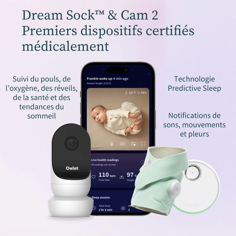Babyphone Owlet Dream Sock - Dusty Rose + Cam 2 - Blanc