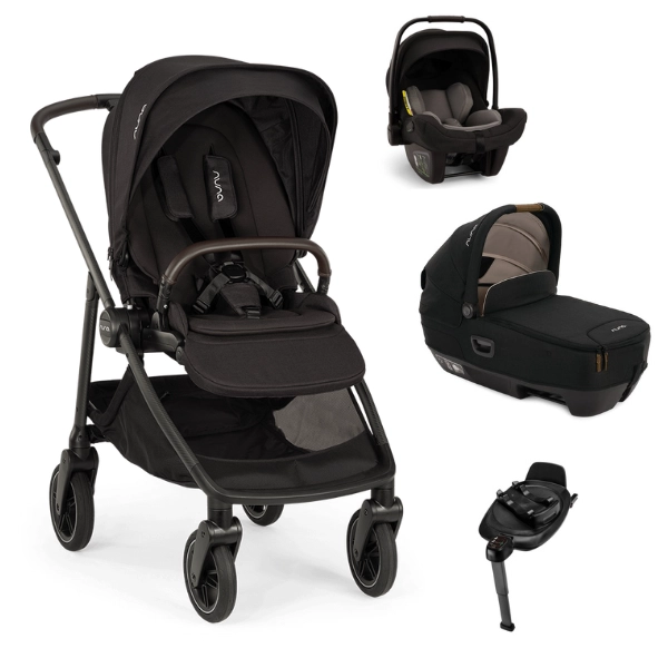 Nuna Swiv Stroller + Cari Next Carrycot + Pipa Next Car Cover - Caviar + Next Base