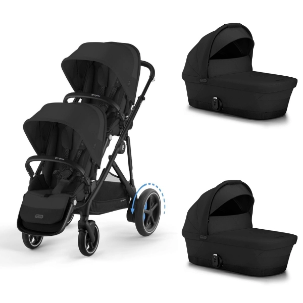 Poussette Double Cybex eGazelle S BLK + 2 Nacelles Gazelle Cot - Moon Black