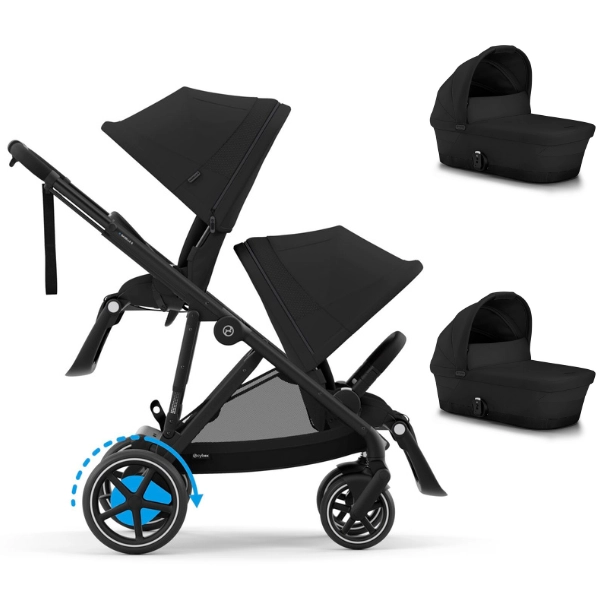 Poussette Double Cybex eGazelle S BLK + 2 Nacelles Gazelle Cot - Moon Black