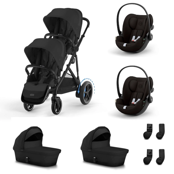 Poussette Double Cybex eGazelle S2 BLK - Moon Black + 2 Nacelles Gazelle Cot + 2 Coques Autos Cloud G i-Size - Magic Black
