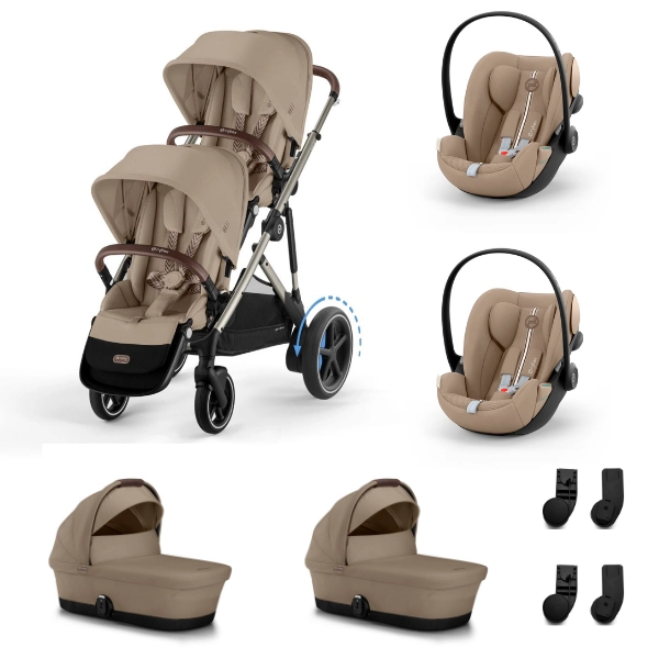 Poussette Double Cybex eGazelle S2 TPE - Almond Beige + 2 Nacelles Gazelle Cot + 2 Coques Autos Cloud G i-Size - Almond Beige (Plus)