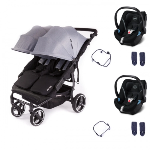 Baby Monsters Easy Twin 3S Light Double Stroller - Black Frame/ Canopys Heather Grey + 2 Cybex Aton 5 shells