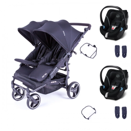 Baby Monsters Easy Twin 3S Light Double Stroller - Black Frame/ Black Canopies + 2 Cybex Aton 5 shells