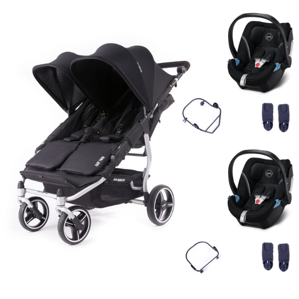 Baby Monsters Easy Twin 3S Light Double Stroller - Silver Frame/ Black Canopies + 2 Cybex Aton 5 shells