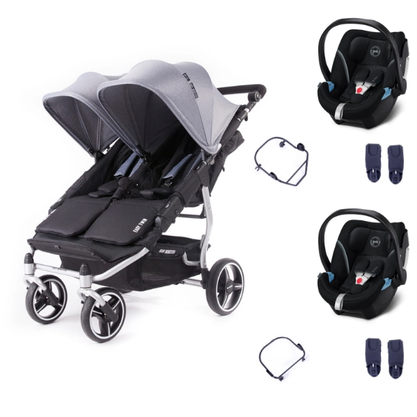 Baby Monsters Easy Twin 3S Light Double Stroller - Silver/ Canopys Heather Grey frame + 2 Cybex Aton 5 shells