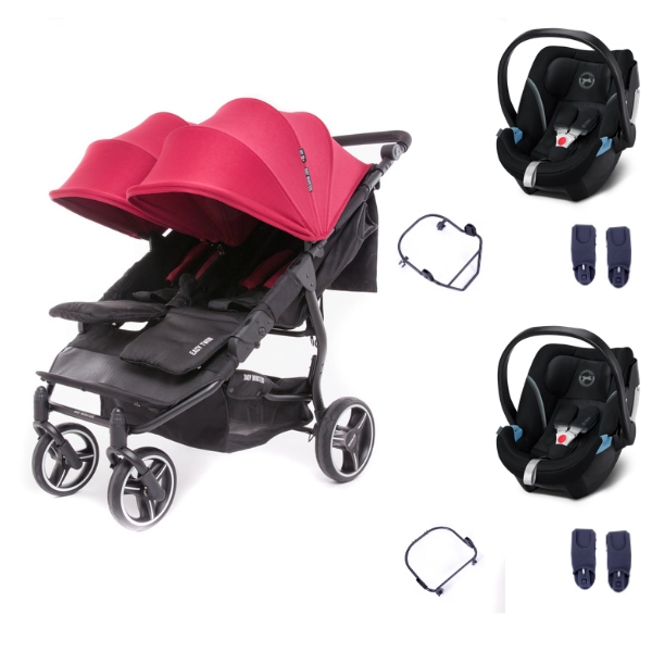 Baby Monsters Easy Twin 3S Light Double Stroller - Silver Frame/ Canopys Bordeaux + 2 Cybex Aton 5 shells