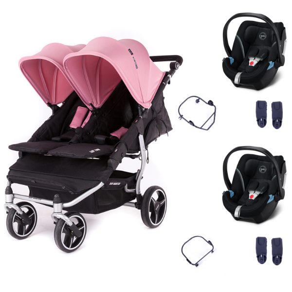 Baby Monsters Easy Twin 3S Light Double Stroller - Silver/ Canopys Milkshake Frame + 2 Cybex Aton 5 Shells