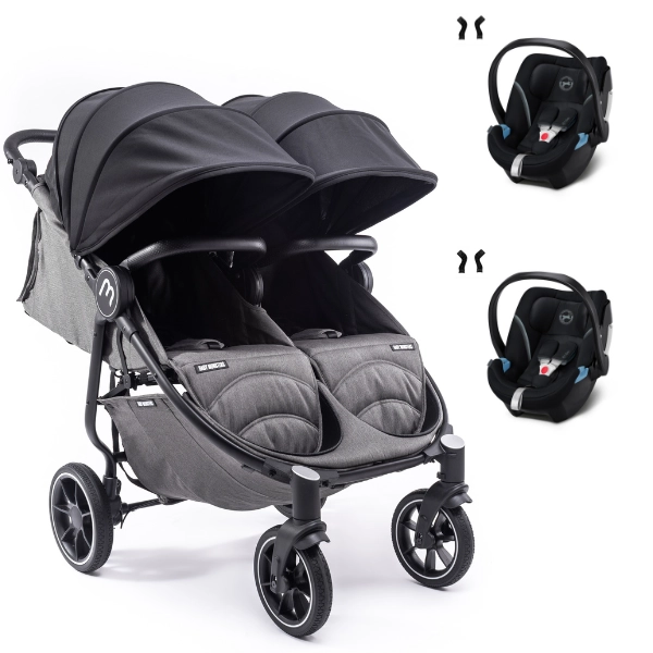 Baby Monsters Easy Twin 4 Double Stroller - Black Frame/ Black Canopys + 2 Cybex Aton 5 shells