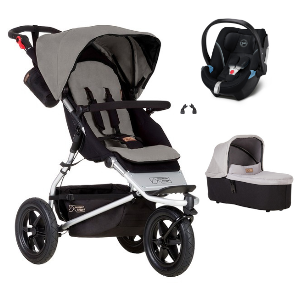 Mountain Buggy Urban Jungle Stroller + Carrycot Plus - Silver + Cybex Aton 5 Cover - Deep Black