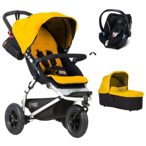 Mountain Buggy Swift Stroller + Carrycot Plus - Gold + Cybex Aton 5 Car Seat - Deep Black