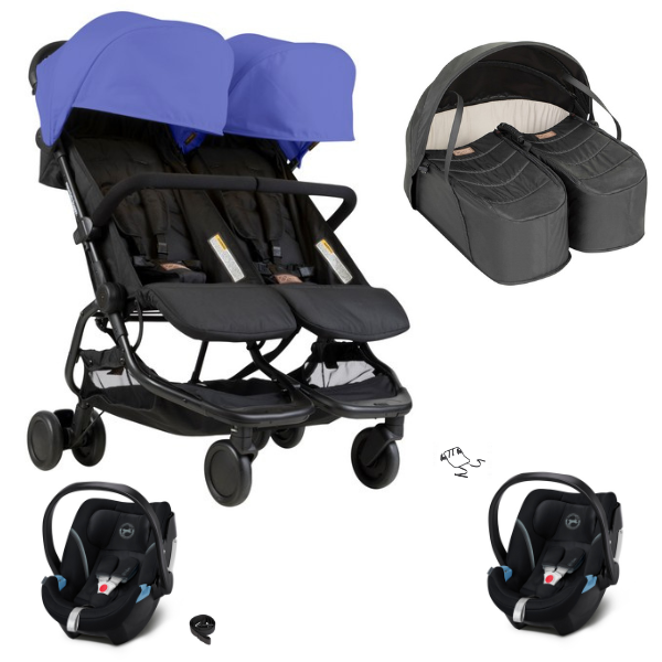 Double Stroller Mountain Buggy Nano Duo - Nautical + Cocoon Twins + 2 Shells Cybex Aton 5 - Deep Black