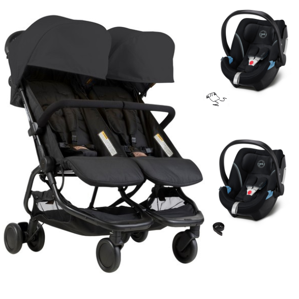 Double Mountain Buggy Nano Duo Stroller - Black + 2 Carrycases Cybex Aton 5 - Deep Black