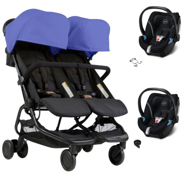 Mountain Buggy Nano Duo Stroller - Nautical + 2 Carrycases Cybex Aton 5 - Deep Black