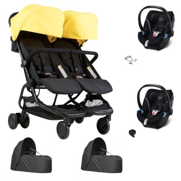Double Mountain Buggy Nano Duo Stroller - Cyber + 2 Cocoon V2 + 2 Cybex Aton 5 Carrycots - Deep Black