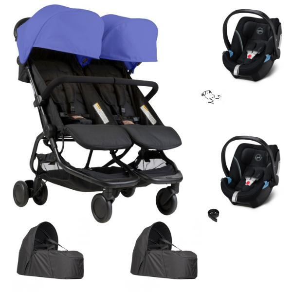 Double Stroller Mountain Buggy Nano Duo - Nautical + 2 Cocoon V2 + 2 Car seats Cybex Aton 5 - Deep Black