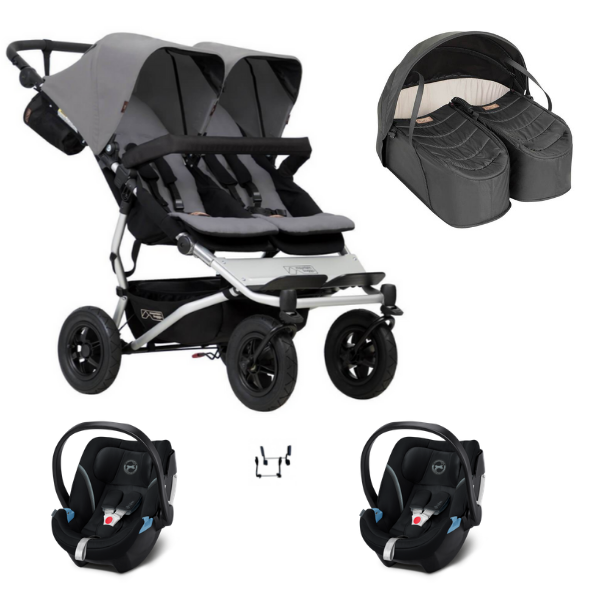 Mountain Buggy Duet V3.2 Double Stroller - Silver + Cocoon Twins + 2 Carrycases Cybex Aton 5 - Deep Black