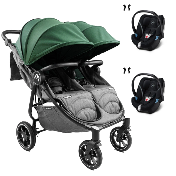 Baby Monsters Easy Twin 4 Double Stroller - Black/ Canopys Forest frame + 2 Cybex Aton 5 shells