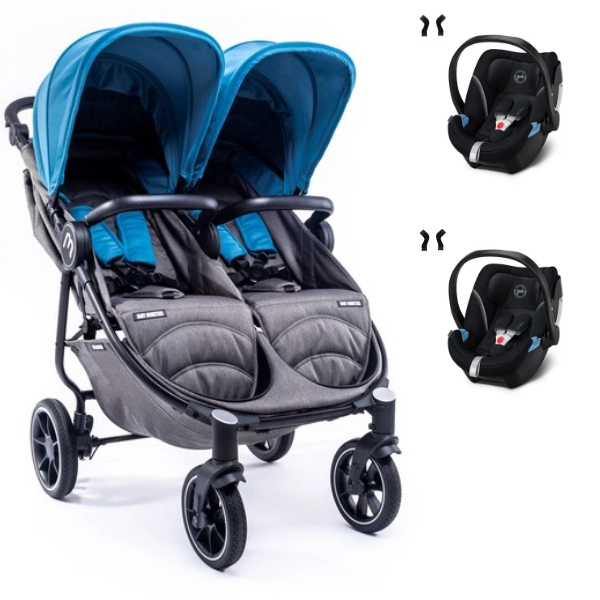 Baby Monsters Easy Twin 4 Double Stroller - Black/ Canopys Atlantic frame + 2 Cybex Aton 5 shells