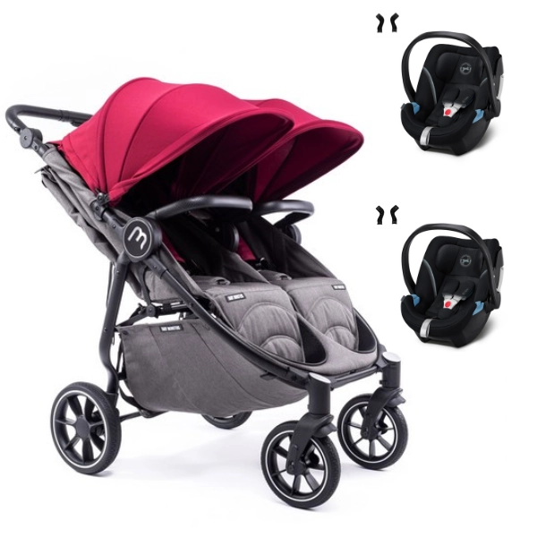 Baby Monsters Easy Twin 4 Double Stroller - Black/ Canopys Bordeaux frame + 2 Cybex Aton 5 shells