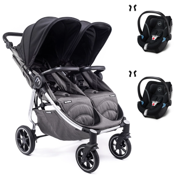 Baby Monsters Easy Twin 4 Double Stroller - Silver/ Canopys Black Frame + 2 Cybex Aton 5 shells