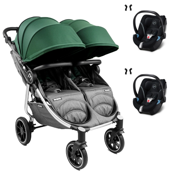 Baby Monsters Easy Twin 4 Double Stroller - Silver/ Canopys Forest frame + 2 Cybex Aton 5 shells