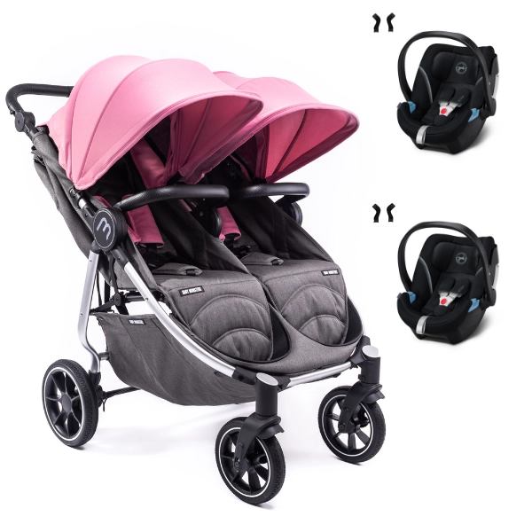 Baby Monsters Easy Twin 4 Double Stroller - Silver/ Canopys Milkshake frame + 2 Cybex Aton 5 shells
