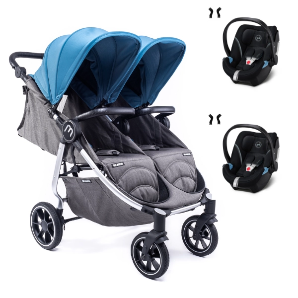 Baby Monsters Easy Twin 4 Double Stroller - Silver/ Canopys Atlantic frame + 2 Cybex Aton 5 shells