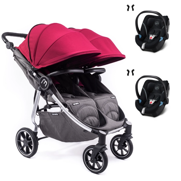 Baby Monsters Easy Twin 4 Double Stroller - Silver/ Canopys Bordeaux Frame + 2 Cybex Aton 5 Shells