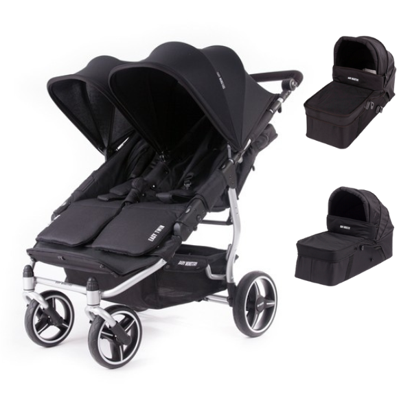 Baby Monsters Easy Twin 3S Light Double Stroller - Silver Frame/ Black Canopys + 2 Carriers - Black