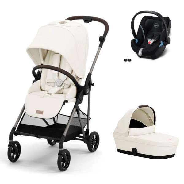 Cybex Melio 3 Stroller Bronze Frame + Carrycot - Cotton White + Aton 5 Carrycot - Deep Black