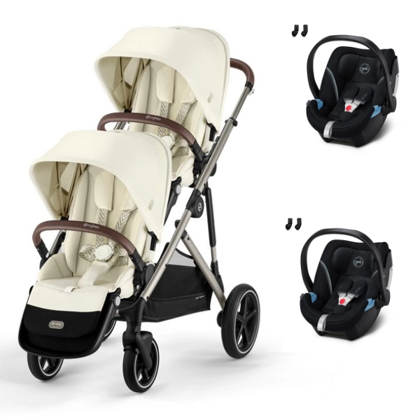 Cybex Gazelle S Double Stroller - Taupe Frame/ Seashell Beige Seat + Aton 5 Carrying Cases - Deep Black (2023)