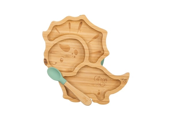 Lemon Suction Cup Plate + Bamboo Spoon - Dino